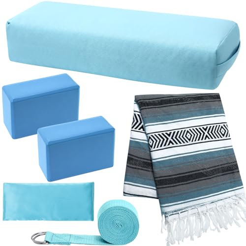 6-teiliges regeneratives Yoga-Set mit rechteckiger Yoga-Bolster, mexikanische Decke, Yoga-Blöcke mit Gurt, Augenkissen für Übungen, Workout, Stretching, Meditation (blau, weiß, seeblau, seeblau)