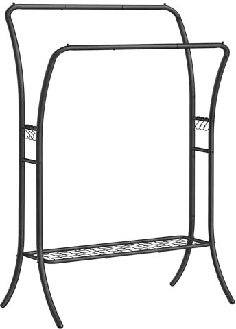 SONGMICS Kleiderständer, Kleiderstange, 2 Garderobenstangen, Garderobenständer, Garderobe aus Metall, 6 Haken, Ablage, Kleideraufbewahrung für Schlafzimmer, Wohnzimmer, tintenschwarz HSR109B01