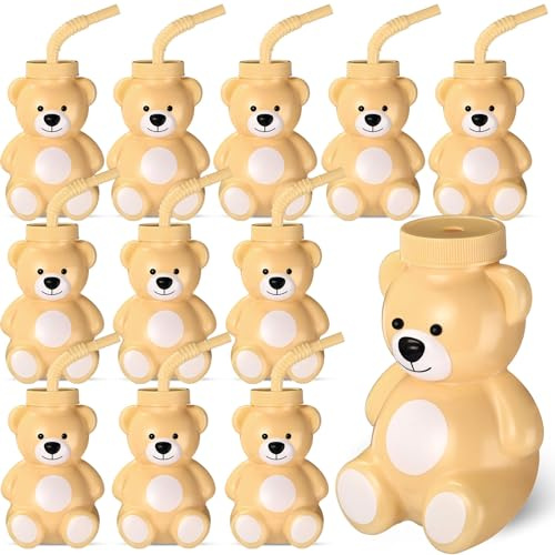 Maxdot 12 Pcs Bear Cups with Straws and Lids, 10 oz Plastic Bear Shape Cup Reusable Creative Cups Bulk for Baby Shower Kids Birthday Wedding Party Favors(Light Brown)