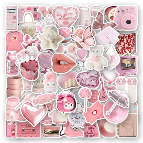 Zhtulck Vintage Sticker, 60 Stücke Aesthetic Aufkleber, Sticker Aesthetic, Boho Aesthetic Stickers Perfekt für Laptop、Gitarre, iPad、Skateboard – Stickers Kollektion (Rosa)