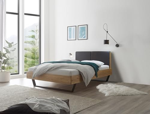 möbelando Keke Modernes Massivholzbett 140x200 - Komfortables Balkenbett aus massiver Eiche mit Metallkufen - 146 x 97 x 215 cm (B/H/T)