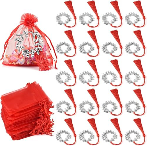 165pz Bomboniere Laurea Sacchetti Bomboniera Portaconfetti Corona Alloro Confetti Rossi Portachiavi Laurea Fai da Te Ciondoli Sacchettini Porta Confetti per Economia Ingegneria Medicina Bomboniere