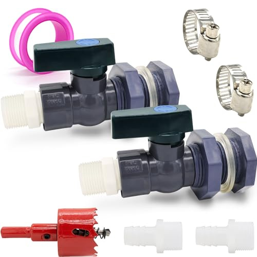 2 Set PVC Rain Barrel Diverter Kit Rain Barrel 3/4 Inch Spigot Kit with Bulkhead Fitting, Hose (25mm/1 + 16mm/0.63) Adapter, Hole Saw, Ball Valve, Clamps, Thread Seal Tape