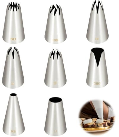Beccucci Sac à Poche Grandi Professionali, 8 Pezzi Inox, Bocchette Pasticceria per Zeppole, Torte, Biscotti – Ugelli Decorativi 1A/1M/2D/2F/580/R6/108E/6B, Compatibili con Sac à Poche