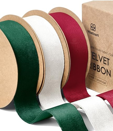 Vitalizart Cintas de Terciopelo Verde & Blanco & Rojo 2,5 cm x 13,7 m, Cinta de Terciopelo de Doble Cara para Envolver Regalos, Adornos Navideños, Decoración de Coronas, Confección de Lazos