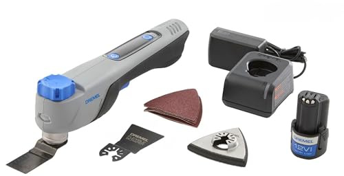 Dremel Blueprint Utensile Multifunzione Oscillante Brushless 12V, Selettore Applicazioni e Velocità con Lama da Taglio e Raschiatura, 6 Fogli Abrasivi, Tampone di Levigatura, Caricabatterie+Batteria