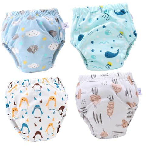 Toddmomy 4 piezas de Entrenamiento para Bebés Lavables y Transpirables Pantalones de Algodón Suaves para Niñas Diseño con Submarinos Azul Rábano y Pingüino