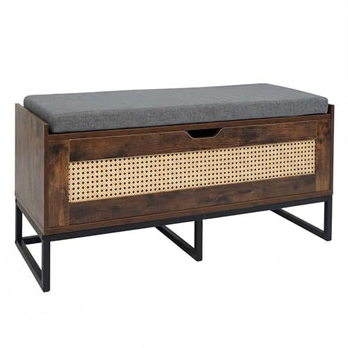 COSTWAY Banc de Rangement en Rotin 100 cm, Banc Chaussures Entrée, Coussin Rembourrée, Couvercle Abattant, Banquette Coffre pour Entrée Salon Chambre, Charge 200 kg, 100 x 35 x 44 cm (Industriel)