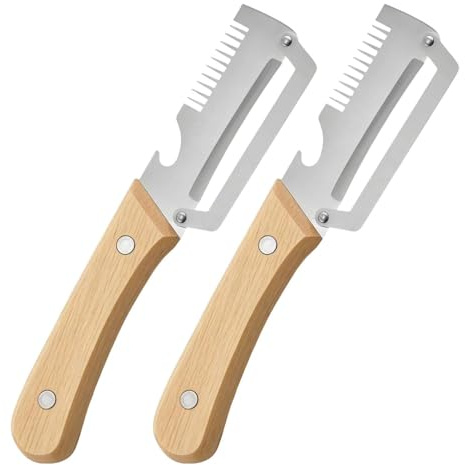 Pelapatate Multifunzione, 2 Pezzis Pelapatate Metallo con Manico Legno, Pelapatates Antiscivolo Mele con Apribottiglie, Pelapatates Manuale Lama Tritatutto, per Utensili Cucina