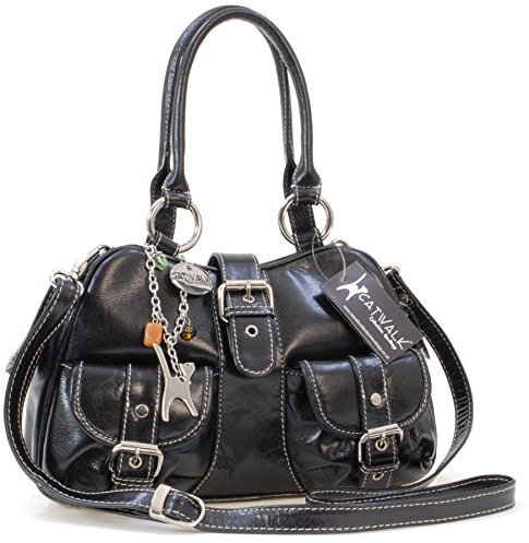 Catwalk Collection Handbags - Damen Leder Henkeltasche - Umhängetasche/Handtasche Mittelgroß - Verstellbarer Abnehmbarer Gurt - Faith - Schwarz