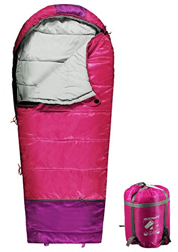 REDCAMP Kids Mummy Sleeping Bag for Camping Zipped Small, 32 Degree All Season Cold Weather Fit Boys,Girls & Teens (Pink with 3.3lbs Filling)