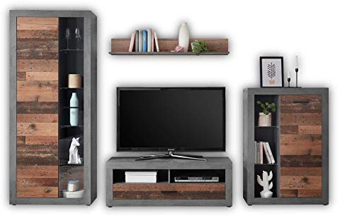 FULDA Vintage Wohnwand Komplett-Set in Old Wood Optik, Betonoxid - Retro Schrankwand für Ihr Wohnzimmer - 305 x 189 x 40 cm (B/H/T)