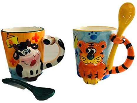 Decohouse Taza Desayuno - Set de 2 Tazas Infantiles Divertidas y Coloridas de Animales ceramicas - Regalo Barato -