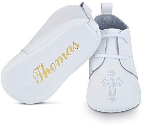 BABYSHOE Personalized Newborn Baby Christening - Baptism Leather Shoes for Boys & Girls with Hand Embossed Name & Date – for Special Occasions – Great Gift Idea White