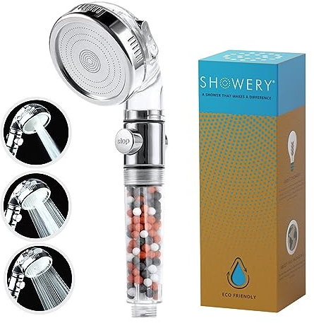Showery® EcoFlow Shower Head - Original Water Saving High Pressure Shower Head with 3 Spray Settings with Eco Stop for Non-Electric Showers Only