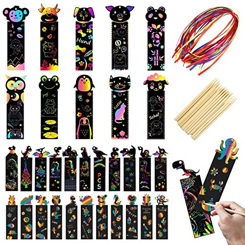 Furuising 34 imágenes para Rascar para Niños, marcapáginas para niños, marcadores de arco iris personalizados, marcapáginas de animales con lápiz de madera y cintas para niños y niñas