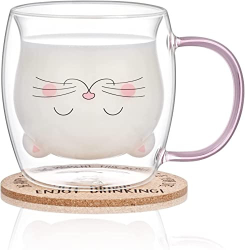 Joymaking Süße Tasse Katze, Thermogläser Doppelwandig Gläser mit Henkel & Untersetzer, Cappuccino Tassen Tee Gläser kaffeetassen Geschenke für Frauen Kinder zum Geburtstag Weihnachten Valentinstag