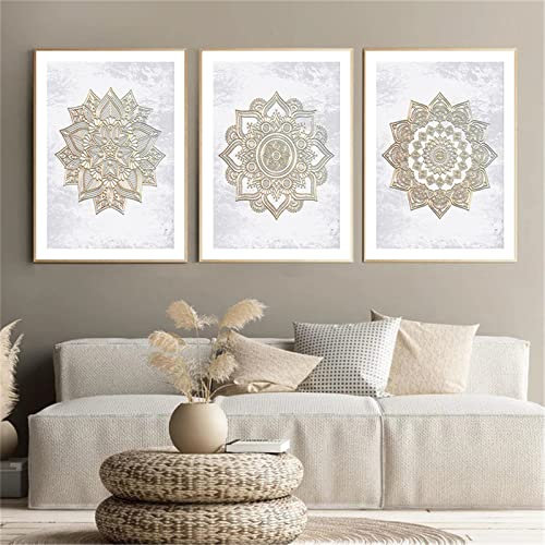 Hava Kolari Premium 3 Stück Poster Set, Mandala Wandbilder Set Mandala Bilder Leinwand Boho Wandposter Kunstposter Deko für Wohnzimmer OHNE Rahmen (40x50 cm)