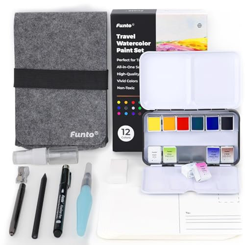 Funto Reise-Aquarellset, 12 Farben, 10 Premium-Aquarellpostkarten, Reise-Aquarellpinsel,Wasserpinselstift,Fineliner, Bleistift und Sprühflasche, Malseet für Erwachsene