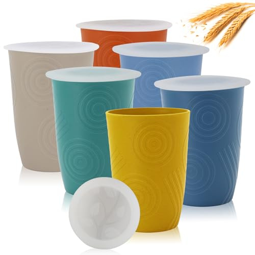 PYRMONT Wheat Straw Cup with Lid,Plastic Cups set of 6,16 oz Unbreakable Kids Plastic Cup,Tumbler Cups for Kitchen Drinking Cups,Dishwasher & Microwave Safe,BPA-Free
