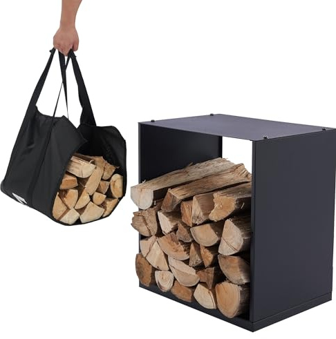 Lendo Online Vedhylla + bärväska – inomhus och utomhus – förvaring av vedställ – vedställ – träförvaring – svart – metall (40 x 28 x 40 cm)