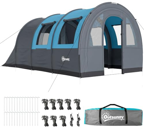 Outsunny Tienda de Campaña Familiar para 3 Personas 480x260x200 cm Gris | Tienda de Camping Plegable, Impermeable 3000 mm, 2 Habitaciones, Puertas, Bolsa de Transporte, para Senderismo