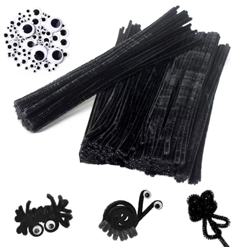 200 Pieces Black Pipe Cleaners For Craft Hair With 100 Pieces Eyes, 30cm X 6mm Pipe Cleaners Black For Halloween Diy Craft Supplies