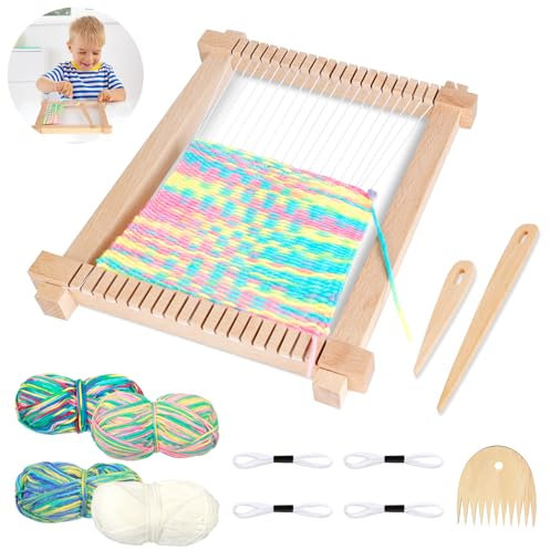 JABNOW Webrahmen Set für Kinder 28x24cm - DIY Weben Groß ab 4-10 Jahre mit Webbrett Holz, Nadel, Kamm, Weißer Faden, Farbige Wolle - Ideal für Anfänger