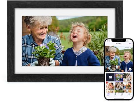 Eptusmey Cadre Photo Numérique WiFi 10.1 Pouces Bois Chêne Photo Éélectronique 32 GB Ecran Tactile IPS 1280 * 800 HD pour Partager Photos et Vidéos Via Uhale Montage Mural, Cadeau Femme Homme