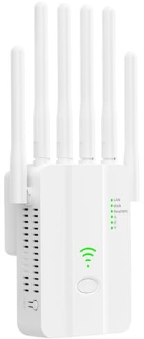 Répéteur WiFi Puissant, Repeteur WiFi, Amplificateur WiFi avec 6 Antennes, 2 Ports LAN, Modes (Répéteur, Routeur, AP), Couverture jusqu'à 3000 pi², pour la Maison et Le Bureau, Installation Facile