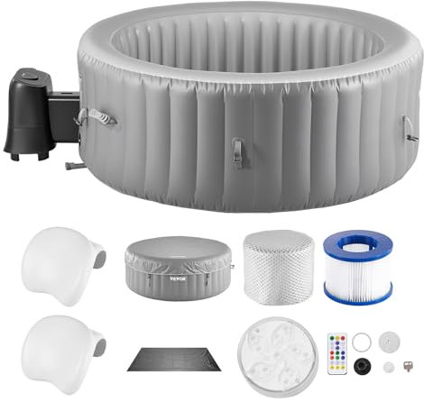 VEVOR Vasca Rotonda da Bagno Gonfiabile, per 6 a 8 Persone 240 x 66 cm, con 130 Getti Rilassanti e Poggiatesta, Luce LED, Copertura e Pannello di Controllo, Piscina Termale per Grigio