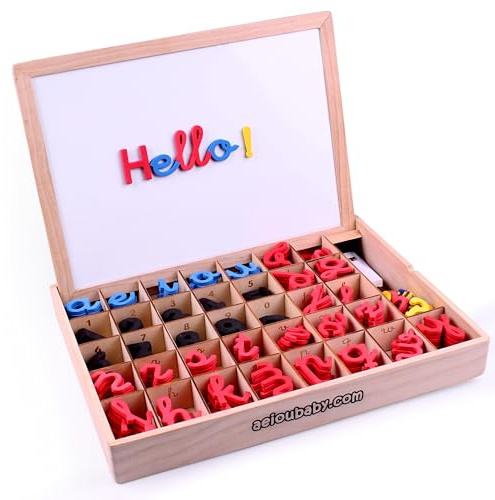 Lettere e numeri magnetici Montessori | Legato Cursive Mobile Legate. Maiuscole, minuscole e cifre in gomma EVA | Lavagna reversibile e scatola di legno | Gioco educativo Imparare a leggere e scrivere