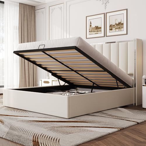 LUXOAK Polsterbett mit Bettkasten, 115 cm hohes Kopfteil, Stauraum, Liftfunktion & Chrom-Design, Massivholzrahmen – Samt (Cremeweiß, 160 x 200 cm)