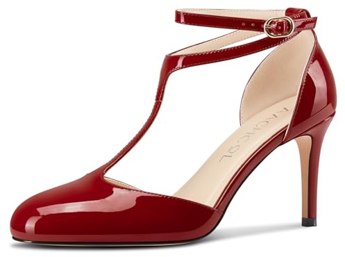 Aachcol Womens Round Toe T-strap Stiletto High Heels Ankle Strap Mary Jane Pumps Office Party Dress Shoes 3.2 Inches Heels, Burgundy Red, 9.5