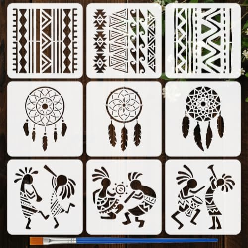 FINGERINSPIRE 9 Pz Stencil per Pittura con Motivi Tribali con Pennello, 15x15cm Modelli per Disegno Acchiappasogni Geometria Cartoni Animati Persone Modello a Tema Tribale per la Decorazione di Mobili