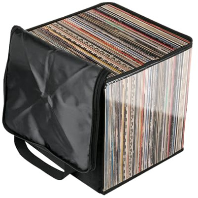 ETUCYNG Boîte de rangement pour disques vinyles 29,80 x 30,50 x 32,50 cm - Peut contenir jusqu'à 50 disques - Boîtes de rangement en tissu avec couvercles pour déménagement, bureau, placard, maison