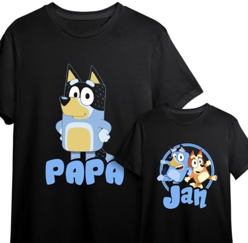 Evyre Regalo Dia del Padre Pack Camisetas Bluey Personalizada Nombre Papa niña niño Hijo Hombre Ropa Algodón Body Bebe Recien Nacido Idea Conjunto Detalle Original Bingo (Circulo)