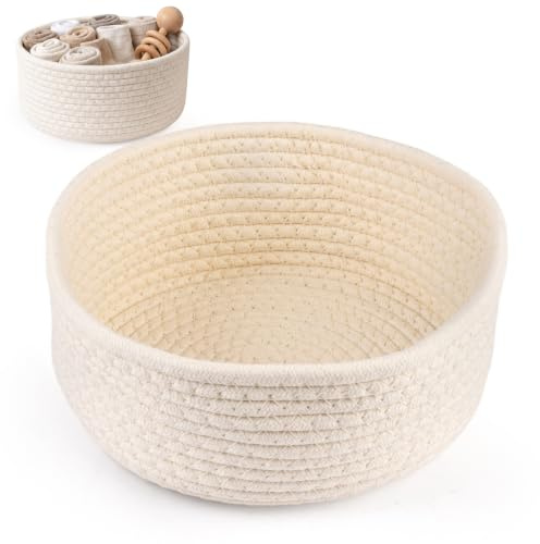 Förvaringskorg flätad 24 x 24 x 10 cm förvaringskorg liten | Bomullsrep korgar förvaring, flätade korgar, rund korg, för vardagsrum, sovrum, förvaring, dekoration, toalettbord