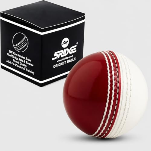 5RIDGE Cricket Ball with Six-Row Stitched Seam, Red and White, Soft Rubber for Practice, Training and Coaching