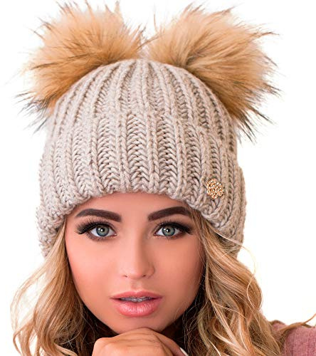 niceacsrise Beanie Women - 2 Pom Cable Knit Winter Warm Fleece Hat - Wool Snow Cuff Ski Cap (US, Alpha, One Size, Brown)