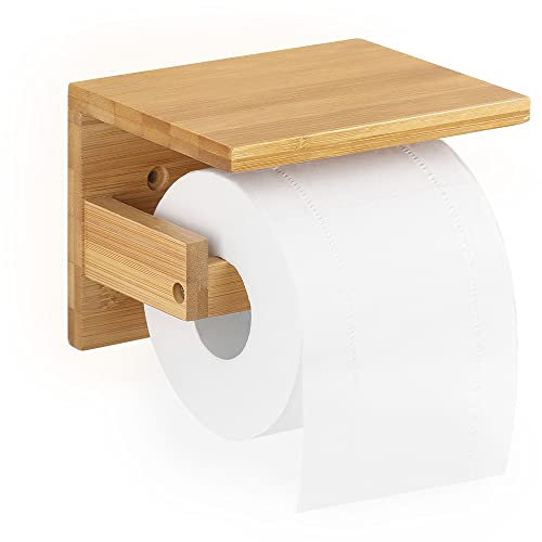 ecooe Porte Papier Toilette avec Etagère en Bambou, Support Papier Toilette avec Plateau, Derouleur Papier Toilette Mural,Porte Rouleau Papier pour Toilettes, Cuisine, Salle de Bain