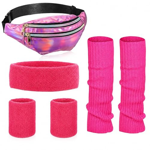 SATINIOR Set di Scaldamuscoli Rosa Marsupio Anni '80 Olografico Fascia per Testa e Braccialetti da Donna Uomo e Bambini Accessori per Fitness Corsa Sport Yoga Escursionismo e Feste a Tema Anni '80