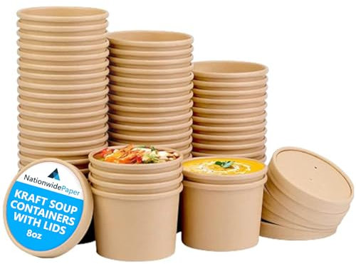 Nationwide Paper 8oz- 50 Pcs Soup Containers Leak Proof Brown Disposable Soup Cups with Vented Lids (230ml)