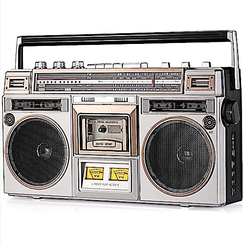 Boombox Bluetooth rétro des années 80, Lecteur de Cassette Boombox Bluetooth rétro avec Radio AM/FM et Amplification des Basses, Haut-Parleur intégré, Prise Casque 3,5 mm, Prise en Charge de l'entrée