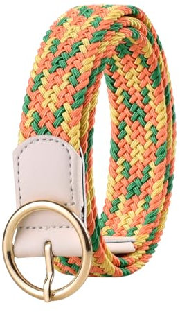 NVKIC Damen Geflochtener Stretch Elastischer Gürtel Runde Dornschließe Gewebte Stoffgürtel für Jeans 3,0 cm Breit, Gelb/Orange/Grün, Small-For Waist 28-34 (Length:39)