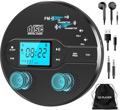 Sunoony Portable CD Player with Bluetooth, Discman CD Player for Car with FM Transmitter, Rechargeable CD Player Portable with Anti-Skip Protection, Headphones, AUX/USB Supported, LCD (Black)