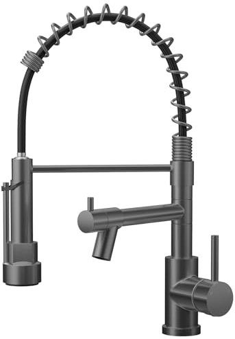 Warmiehomy Professional Kitchen Tap,High Arc Kitchen Taps with Pull Out Sprayer,360° Swivel Double Spouts Spring 1 Hole Sink Taps Mixer for Kitchen,Dark Grey