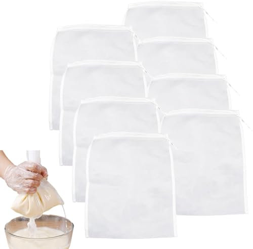 8 Pcs Cheese Cloths for Straining Reusable Nylon Straining Bags 20 * 30cm Cheesecloth Drawstring Bags Muslin Strainer Cloths for Cooking Nut Milk Bag for Juice Wine Homebrew Brewing Hop Oat Milk Soy