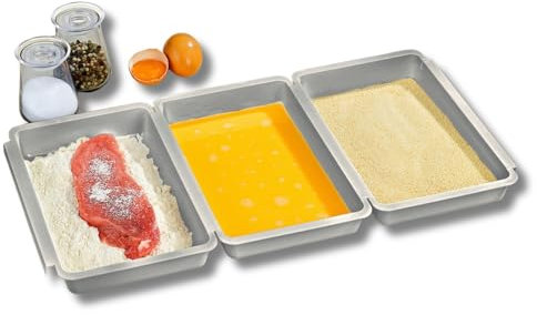 3 PAGEN® Panier-Set 3-teilig silberfarben, Panierschalen Set mit 3 Stück, Schalen zum Panieren 27 x 16 x 3,5 cm, Panierstraße Schnitzel, für Fleisch, Fisch und Gemüse, stapelbar, BPA frei - Kunststoff
