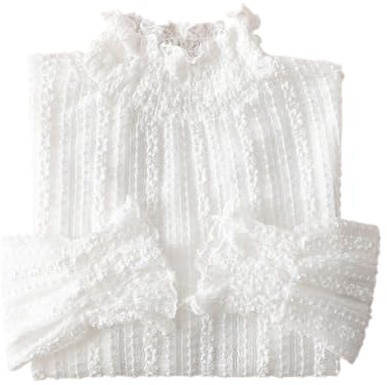 YEKEYI Blusa de encaje para mujer, manga larga, cuello alto falso, transparente, floral, encaje, blanco, XL